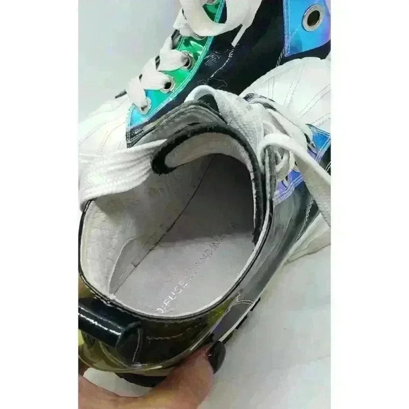 Black Leather Hi Top Sneakers Iridescent Eyelet & Heel D:fuse Scandinavia RARE - Picture 9 of 16